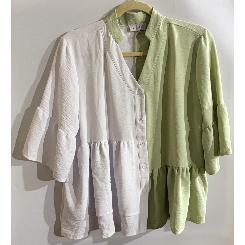 wln Women’s Blouse S/M Green/White Colorblock Collared Short Sleeve Ruffle Woven